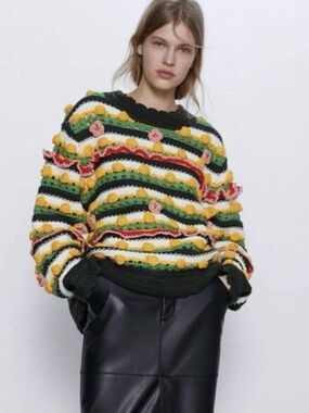 ZARA Flower Pom-Pom Stripe Chunky Limited Sweater  Multicolour Size Large Boxy